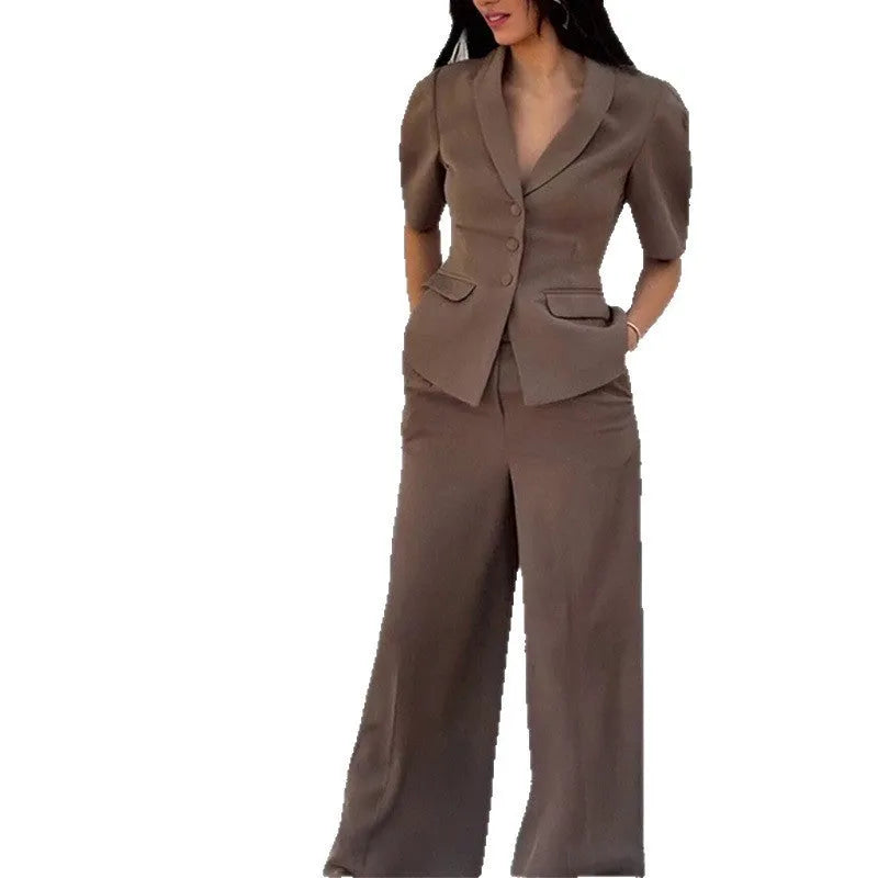 Brown men's slim fit polyester suit with long-sleeved top and matching trousers for business formalwear