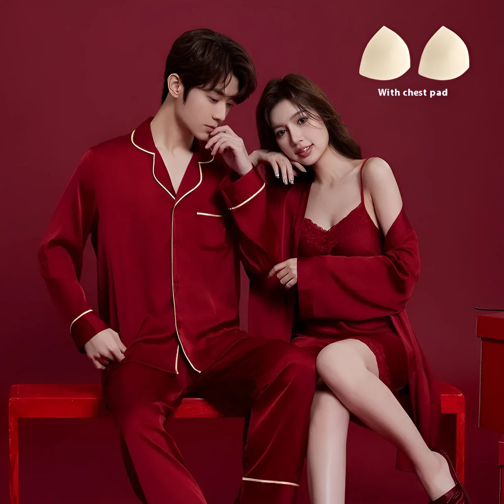 Matching red ice silk polyester sleepwear set for men and women with long sleeves and trousers