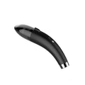 Handheld wireless car vacuum cleaner with USB charging cable showing black and white colour options