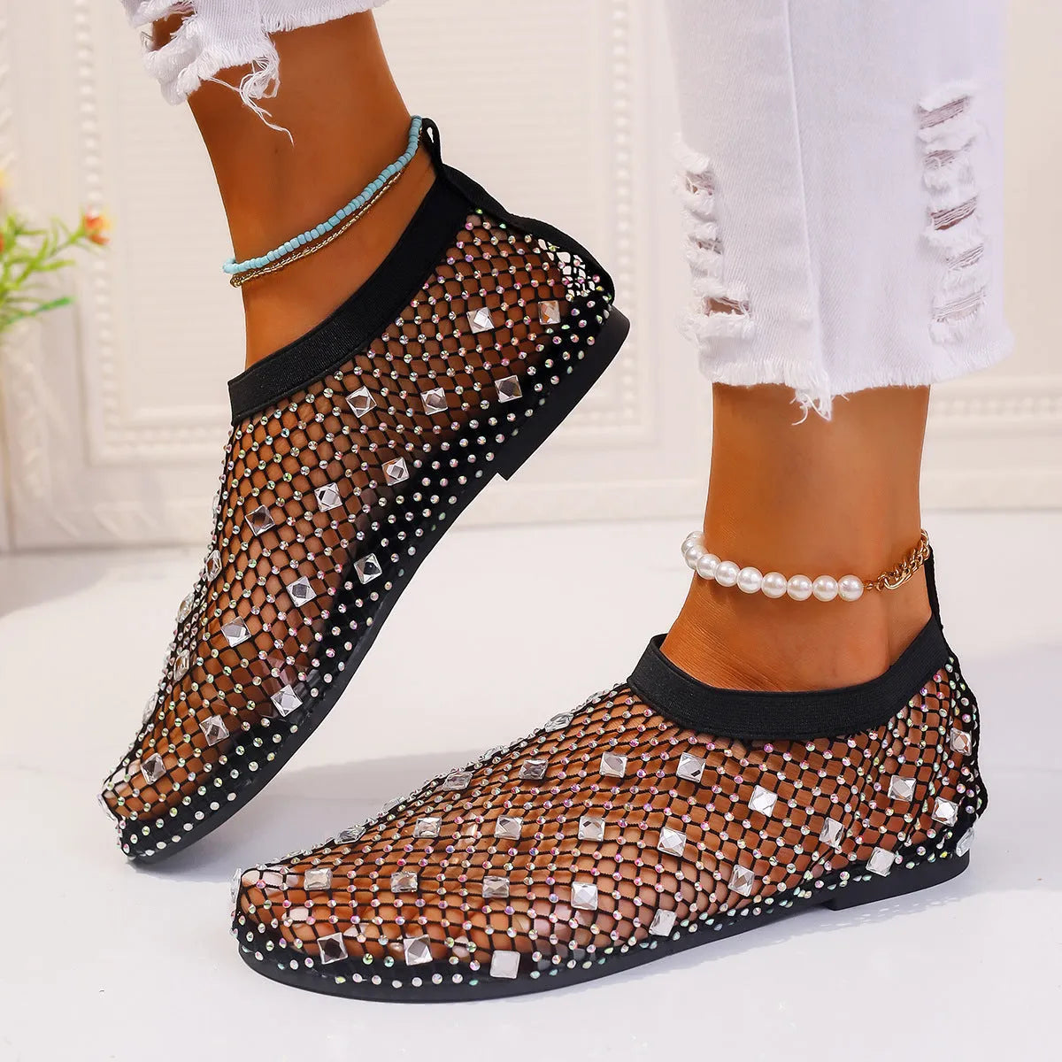 Women's colourful rhinestone flat sandals with mesh upper and rubber sole