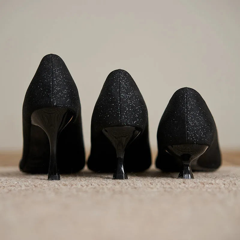 Black French style sequined high heels with 7cm thin heel on beef tendon sole