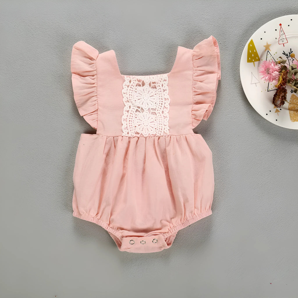 Camellia ruffles romper infant baby girl floral patchwork back-cross jumpsuit in pink cotton blend