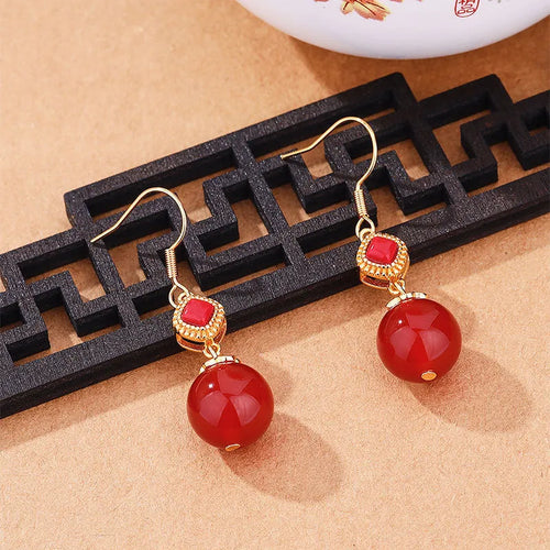Geometric agate earrings with Southern Red Agate round beads, S925 silver inlay, and Jasper accents on electroplated alloy