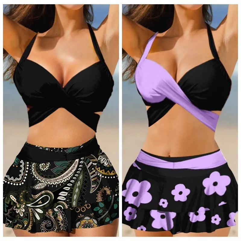 Women's black lace-up bikini top with matching high-waist swim skirt laid flat.