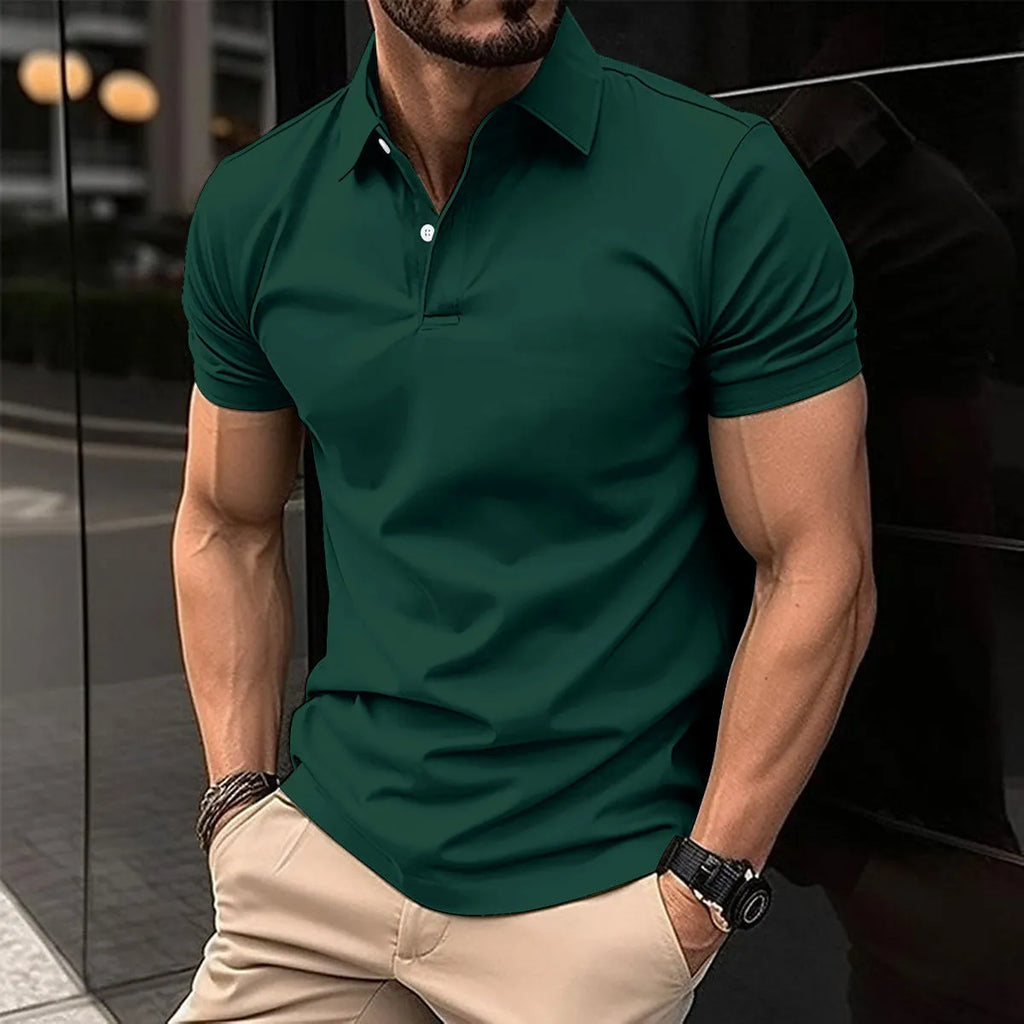 Men's short sleeve polo shirt with button lapel collar in a solid colour.