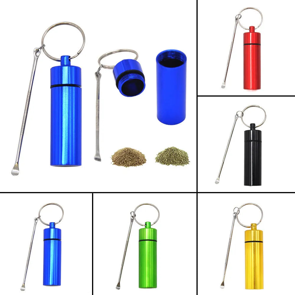Blue aluminium portable medicine bottle with attached spoon and keychain for medication organisation