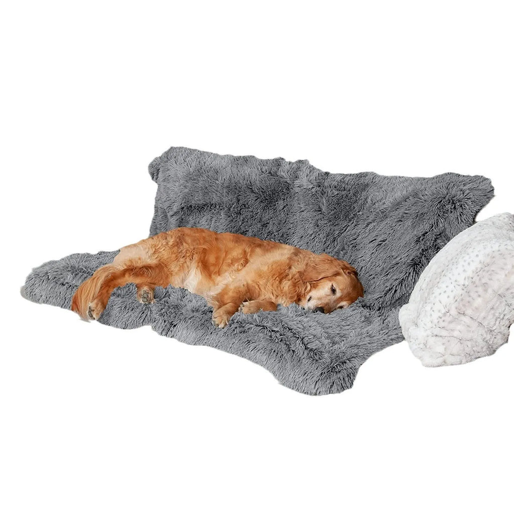 A plush dark grey waterproof dog cushion laid flat, showing its size and texture.