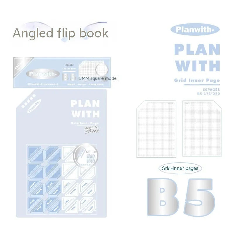 Oblique angle artsy ins style student notebook in A5 or B5 size with white or blue plaid cover.