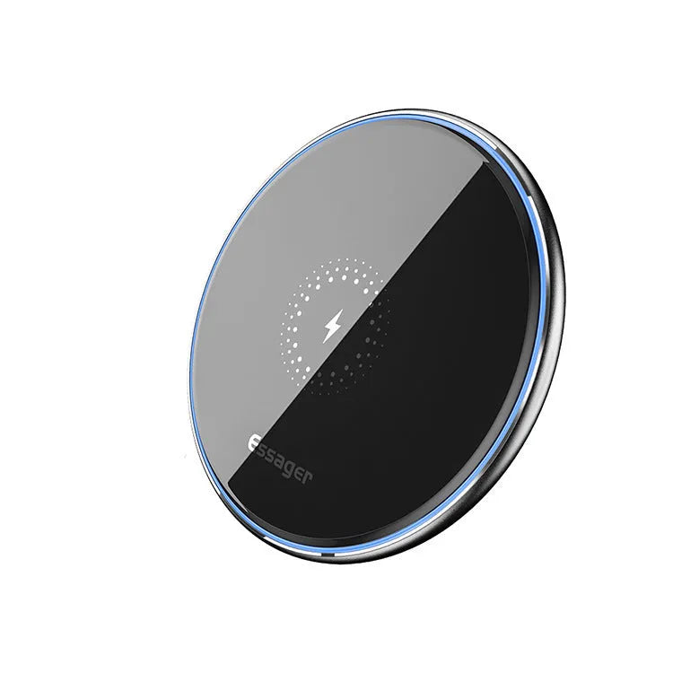 Round desktop wireless charger with mirror finish, acrylic and aluminium alloy body, black or white, 10W or 15W