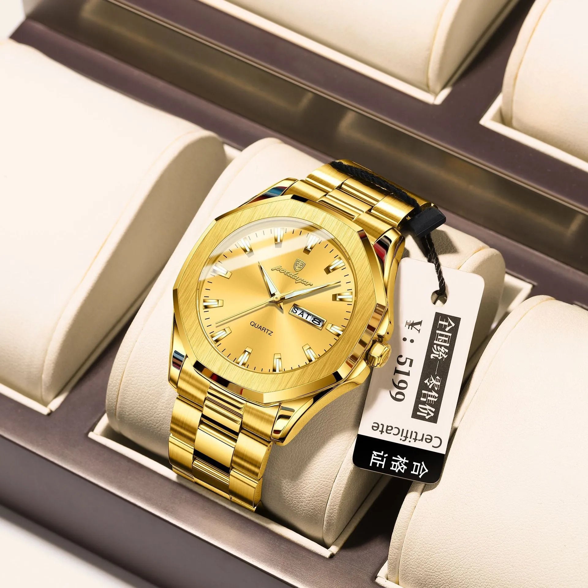 Men's steel strap quartz watch with 9mm case in gold and blue colour combination