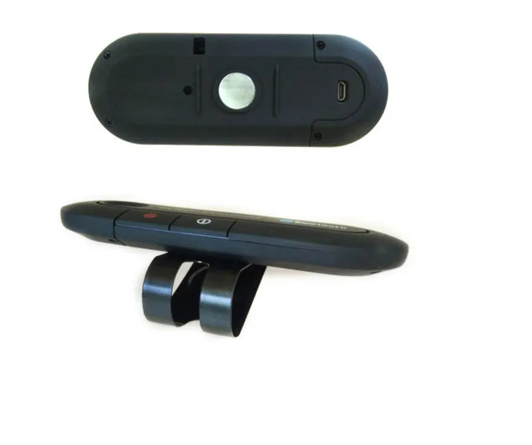 Car Bluetooth handsfree unit mounted on sun visor with charger and cable