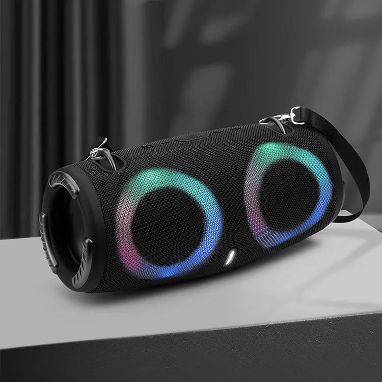 War Drum portable Bluetooth speaker with RGB coloured lights in black colour.