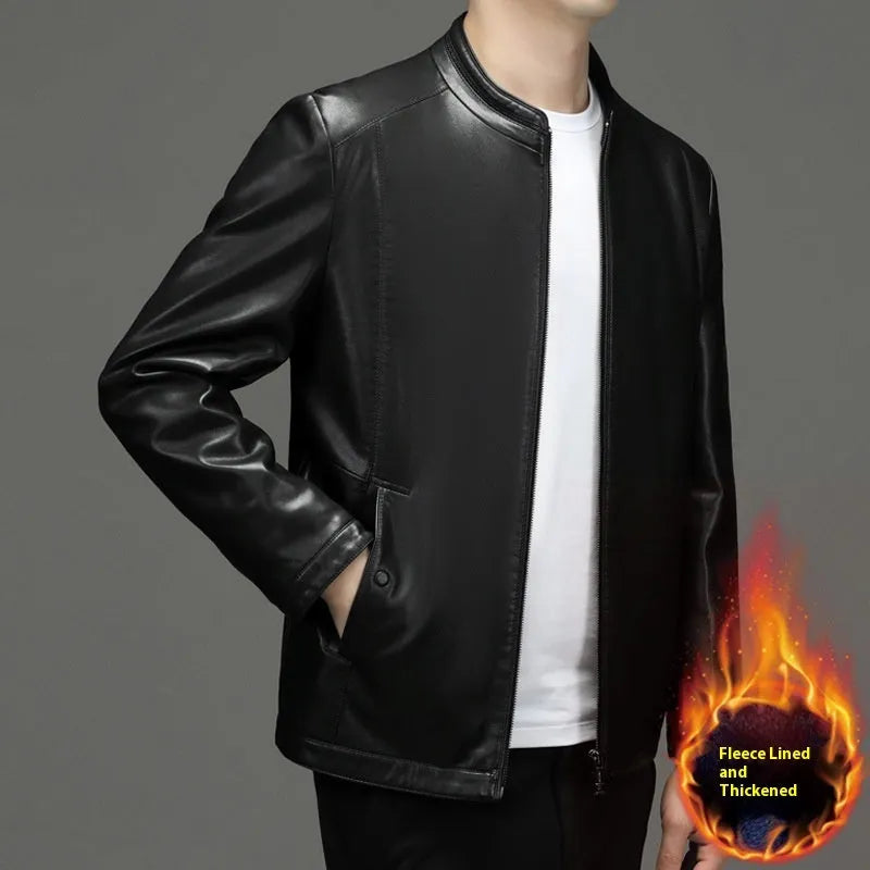 Men's genuine sheepskin leather jacket in black with fleece polyester lining, front view