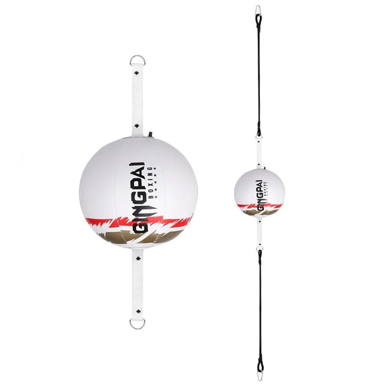 Black and green PU leather hanging boxing speed ball for reaction training.