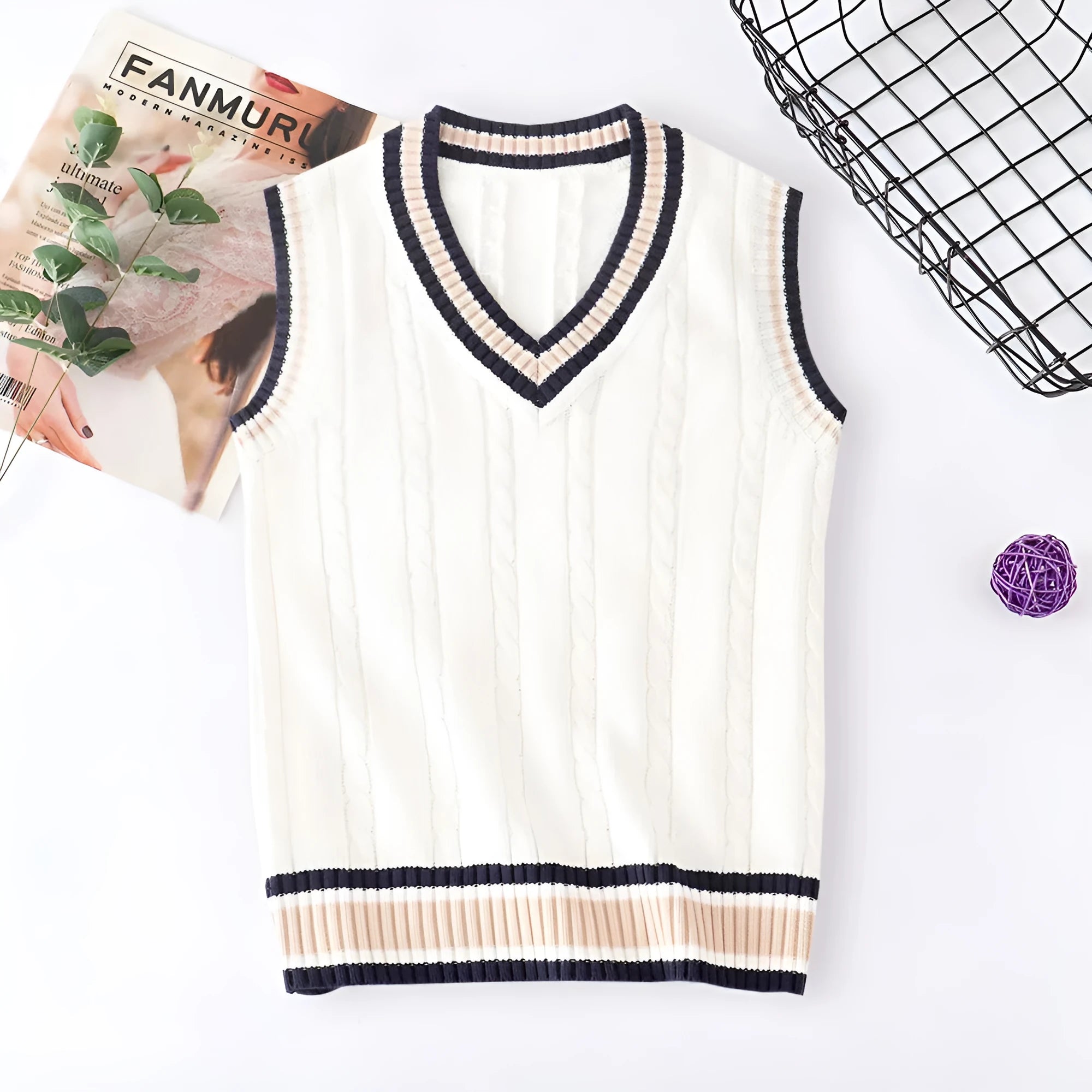 Thick V-neck pullover sleeveless school uniform sweater vest in white, loose fit, contrast colour trim