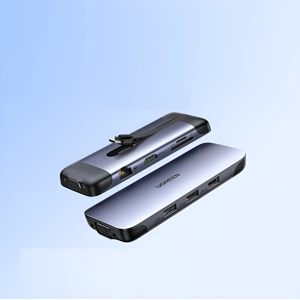 USB C docking station with HDMI, VGA, USB 3.0, and Ethernet ports including all connecting cables
