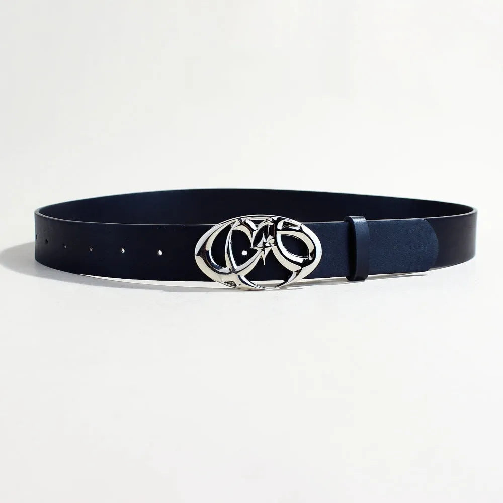 Men's silver buckle casual belt with snap button fastening on PU leather strap