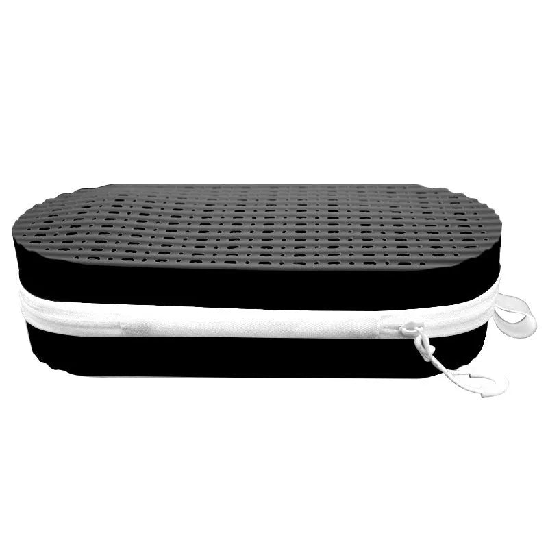 Silicone glasses case in multiple colours showing long hand shape and size scale