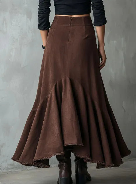 Brown women's maxi skirt with high-low ruffle hem in eco suede polyester fabric