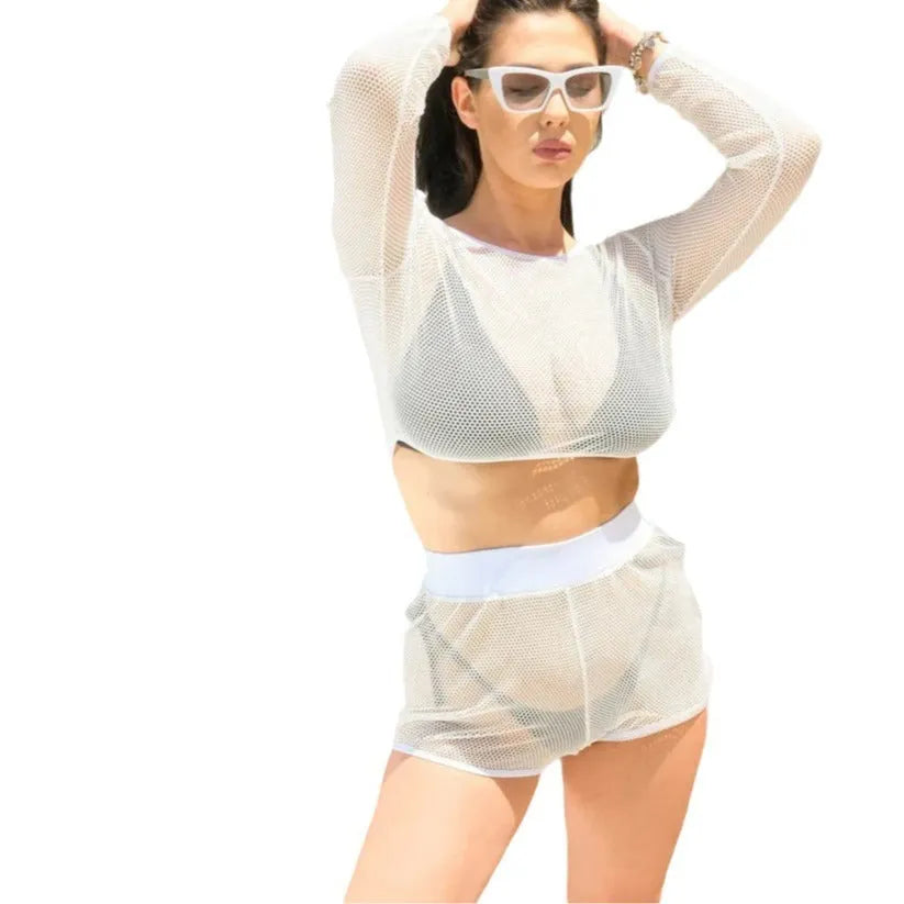 White transparent strapless women's beach swimsuit top and skirt set.