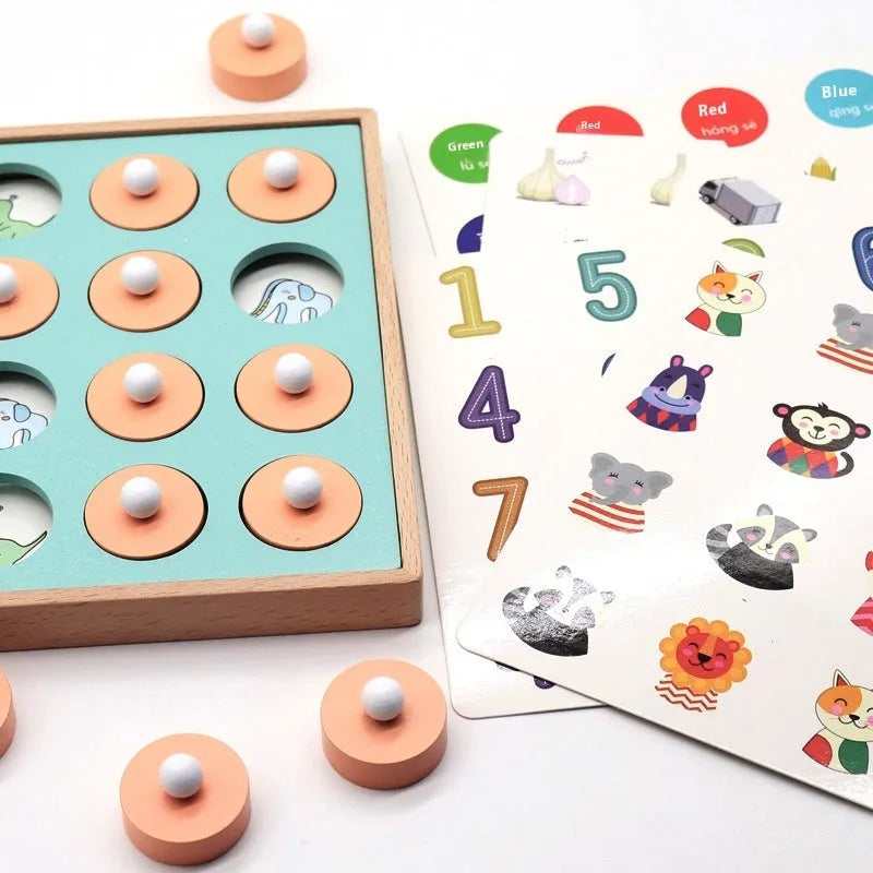 Children's wooden pattern memory chess set with 20.5cm board and multicolour wooden pieces