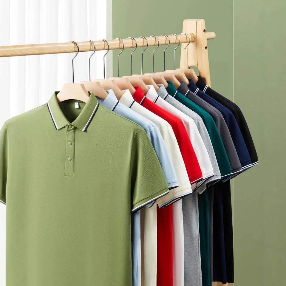 A pure cotton polo shirt with a lapel collar and short sleeves, shown in a light blue colour.