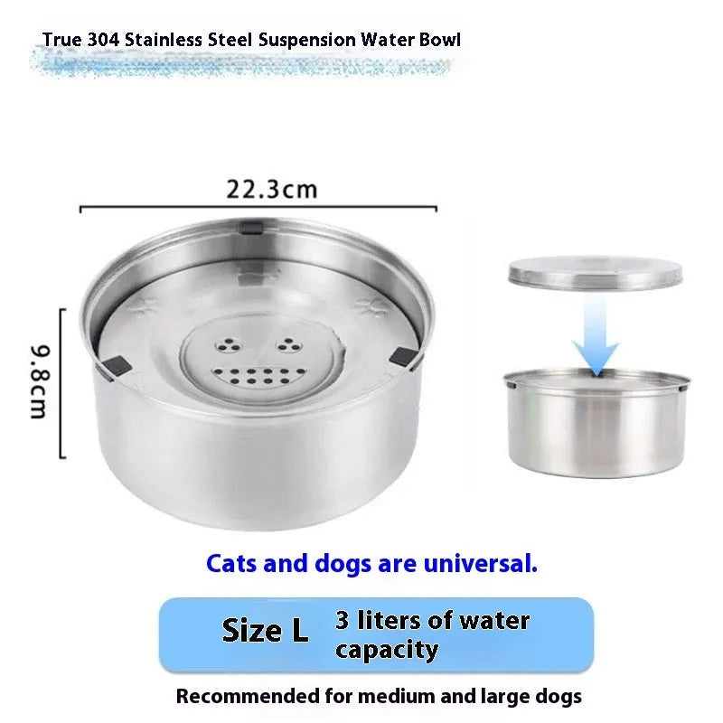 Silver stainless steel pet drinking bowl with wide opening, suitable for dogs and cats, large capacity option