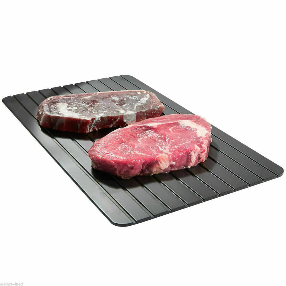 Black aluminium fast defrost tray for thawing frozen meat and food without electricity