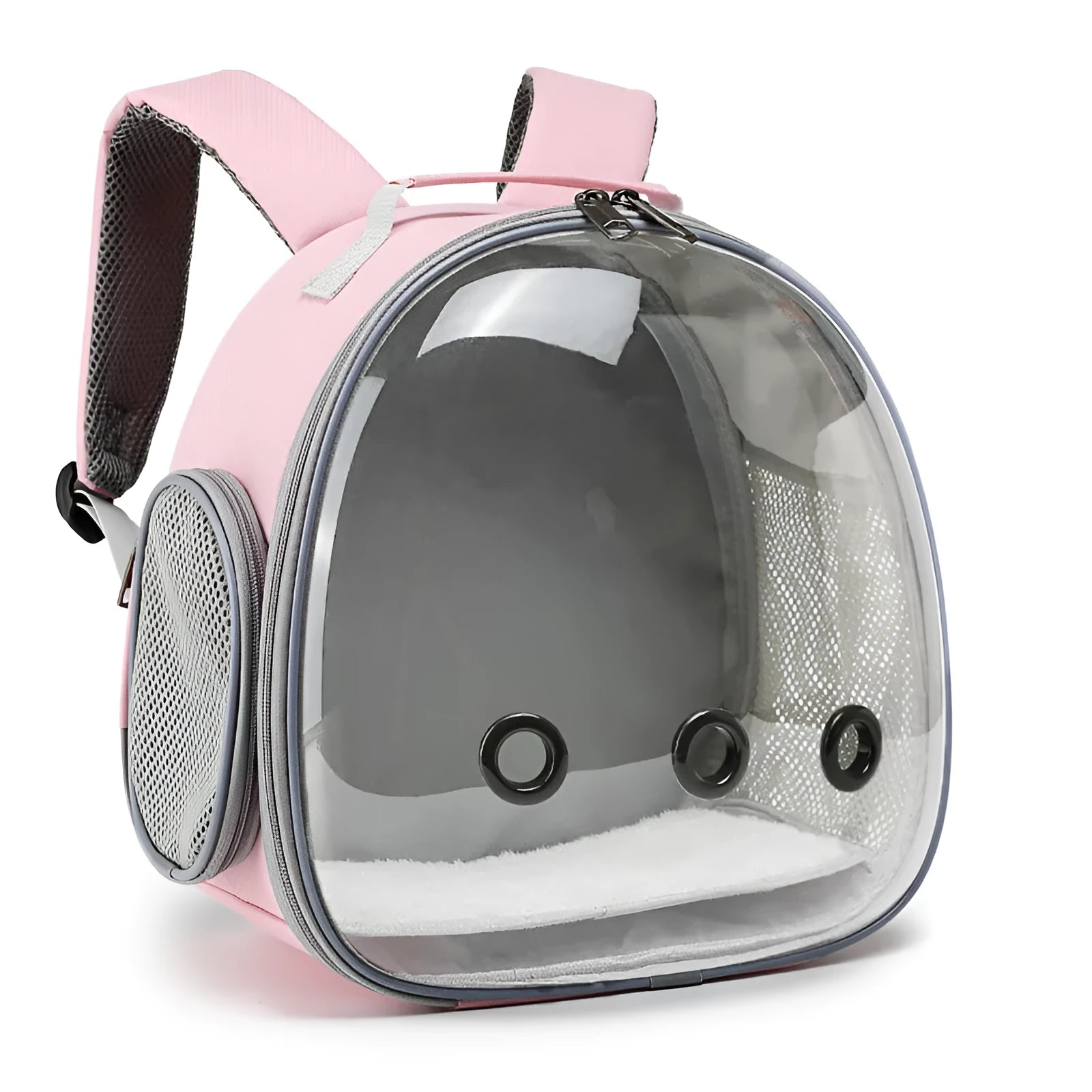 Pet backpack hamster carrier with clear bubble window in black showing side mesh vent