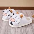 White indoor platform warm cartoon cow fluffy slippers with plush upper and flat PVC sole