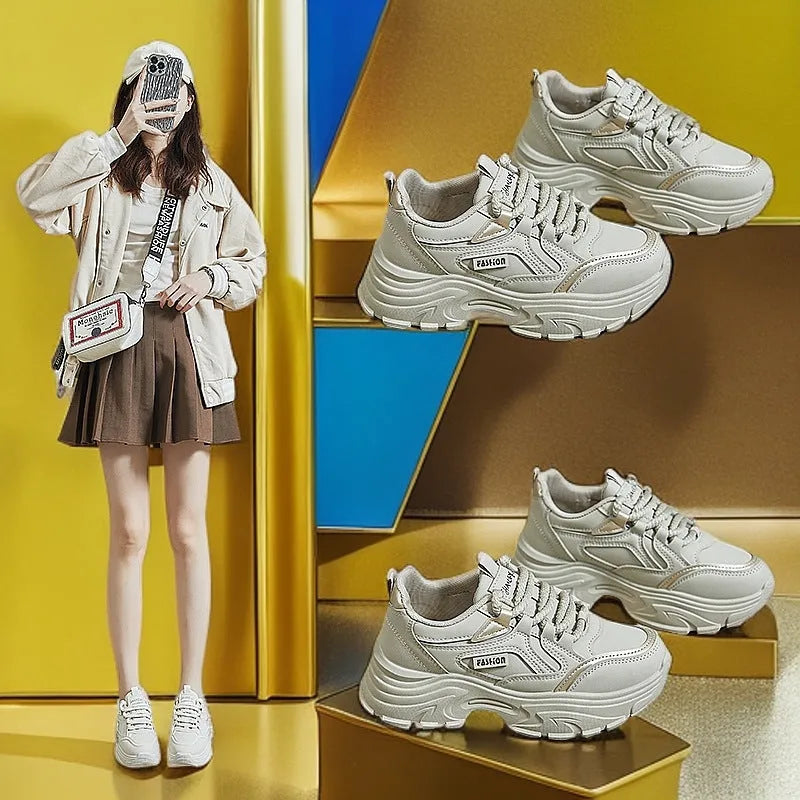 Breathable height increasing low-top shoes for women, artificial PU upper, round toe, black colour, side view
