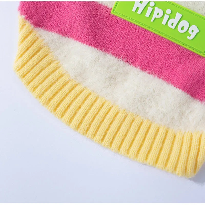 Corgi special rainbow apple striped knitted dog pullover sweater in brown and white on a light background