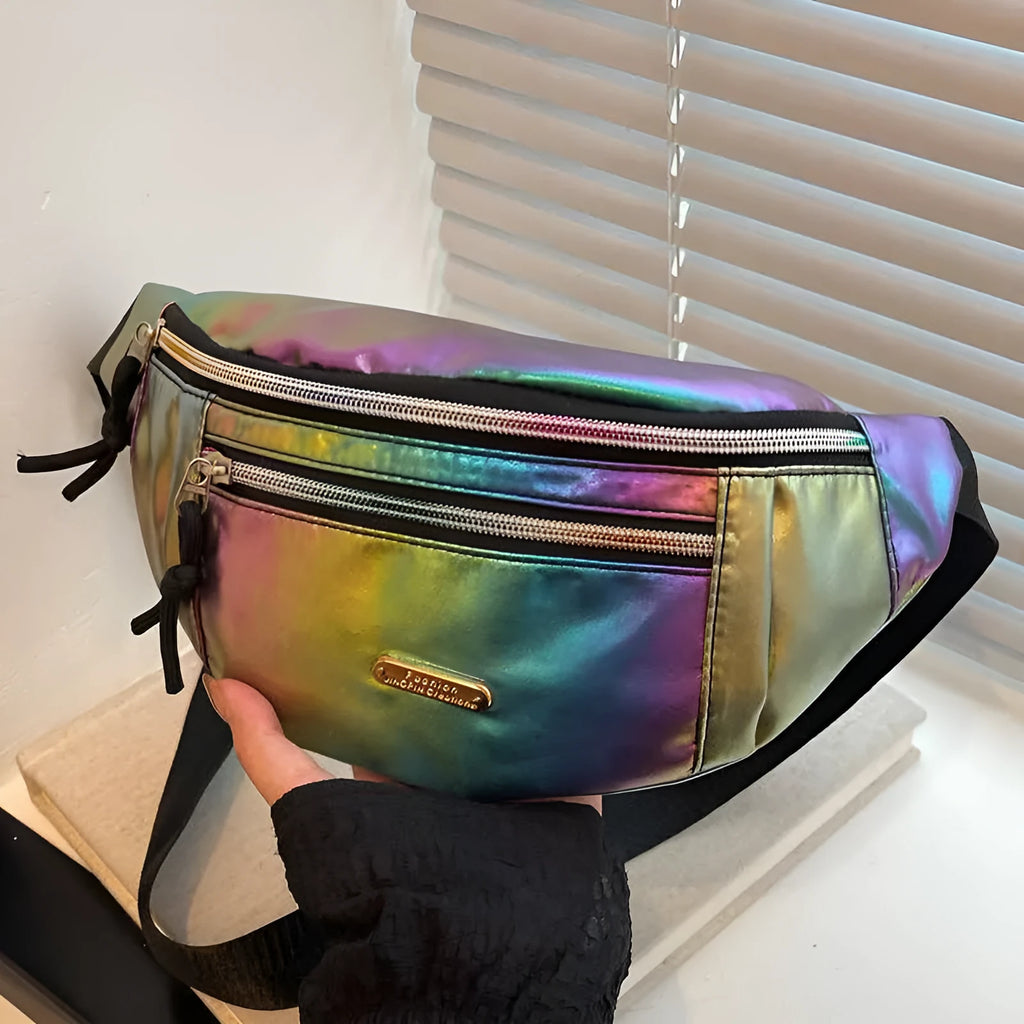 Waterproof PU laser waist bag 31x15x8cm contrast colour street trend