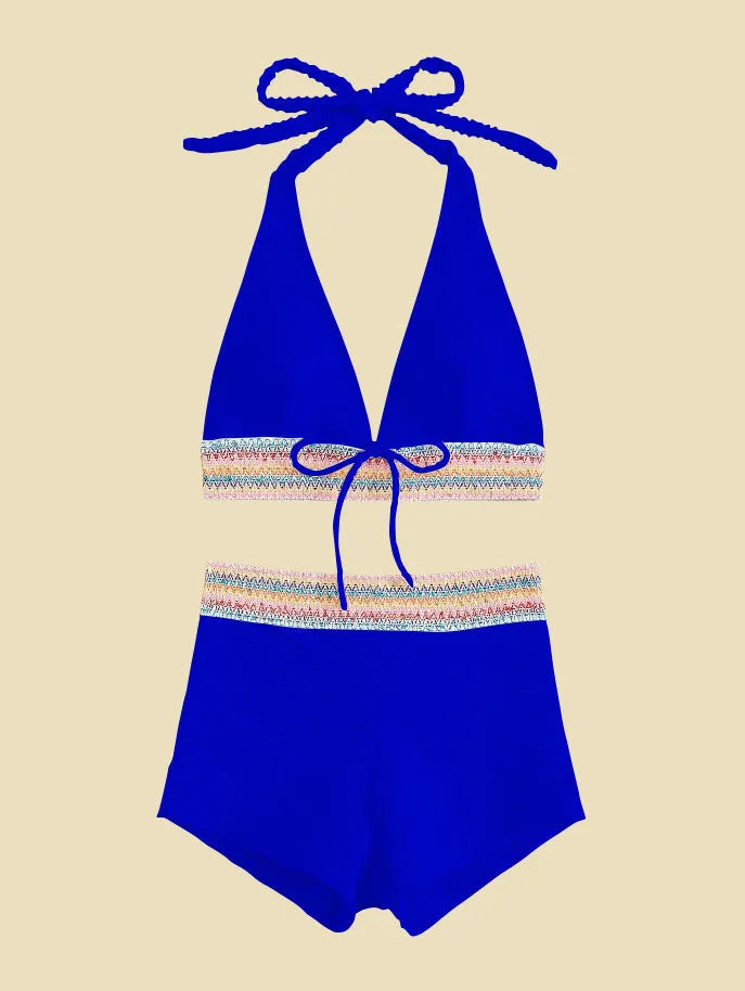 Women's high waist bikini swimsuit with split leg design in blue colour
