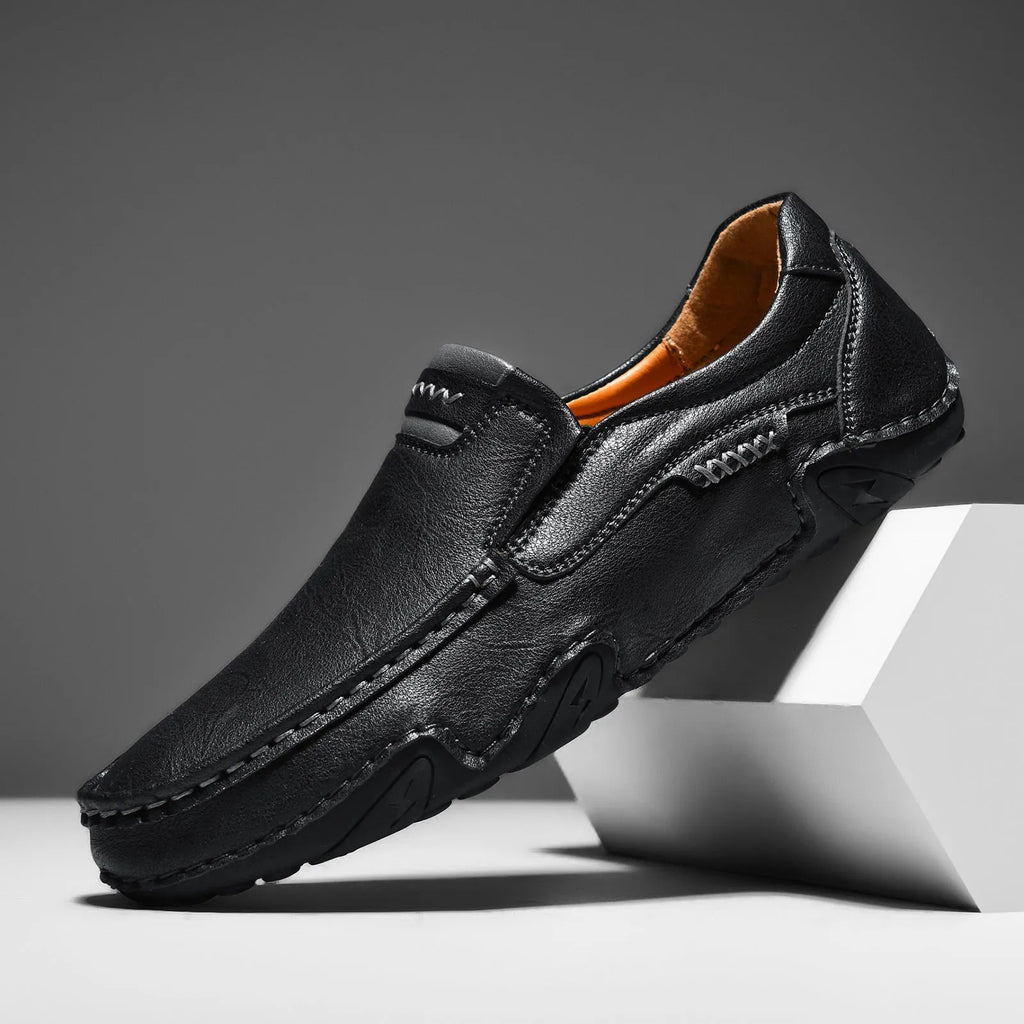 Men's flat casual slip-on loafers in microfiber with leather lining, shown in a choice of colours.