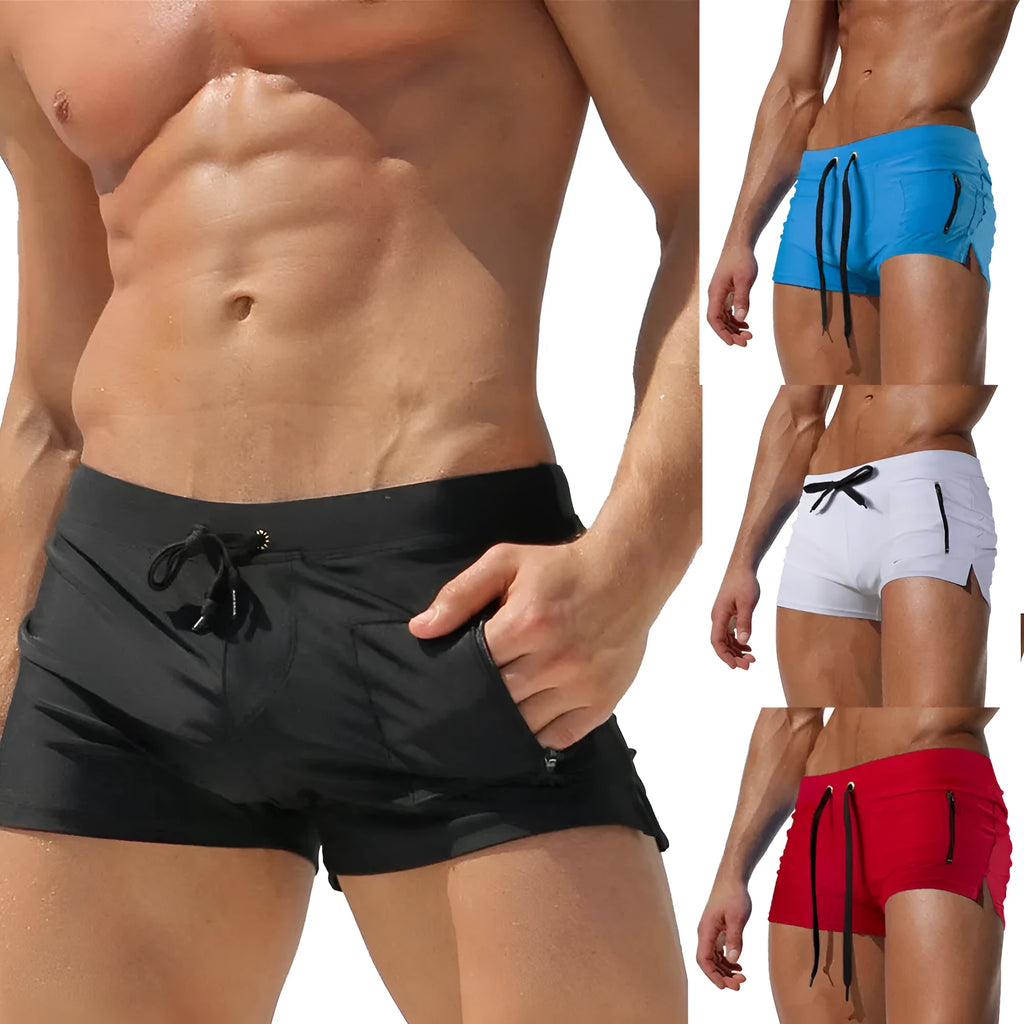 Men's black high-waist swimming trunks with a white lace-up closure on the front.