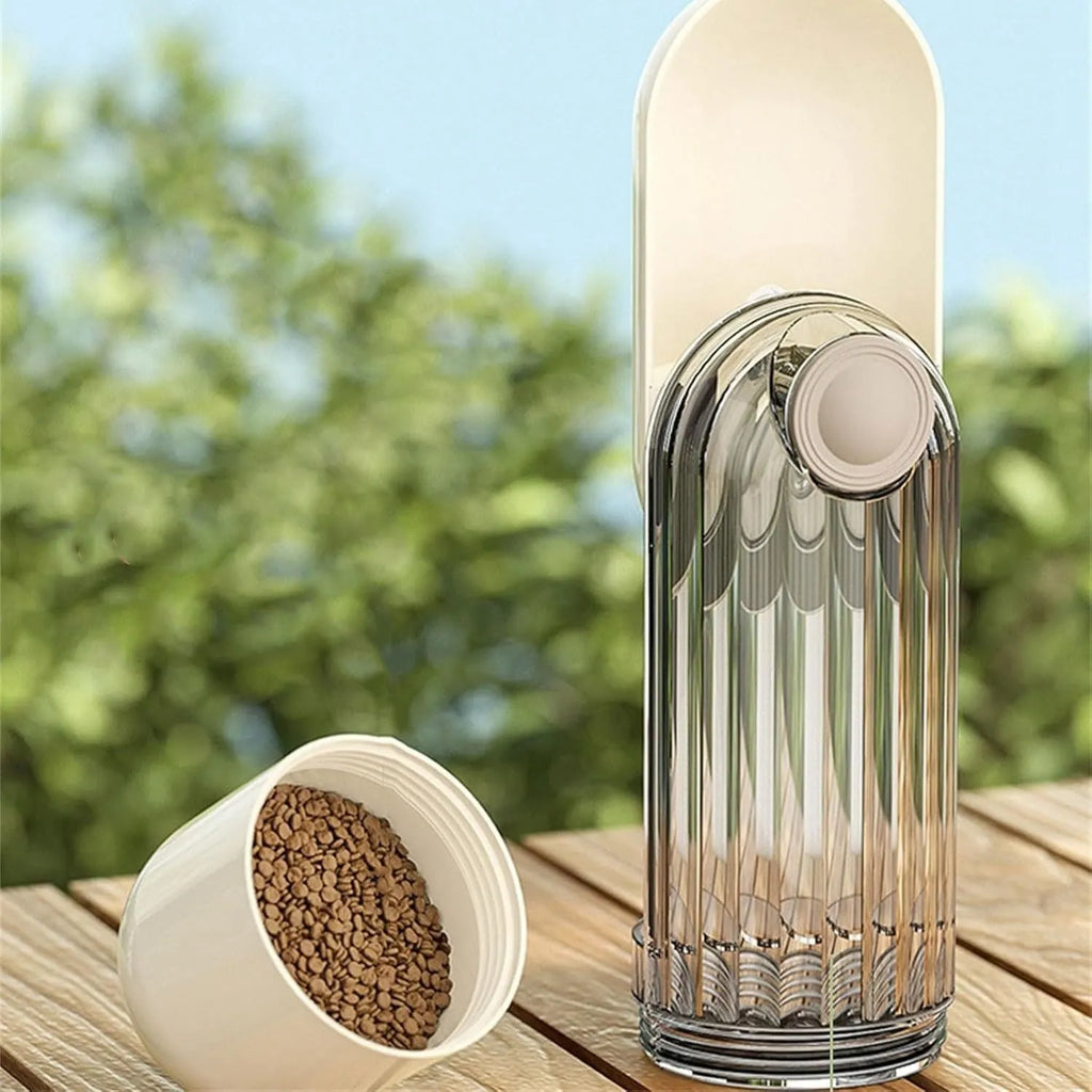 Foldable dog water bottle with food container in beige colour for walking and hiking with pets