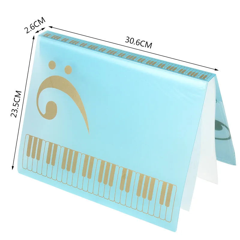 Black piano score folder with transparent plastic pages for holding sheet music.