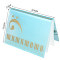 Black piano score folder with transparent plastic pages for holding sheet music.