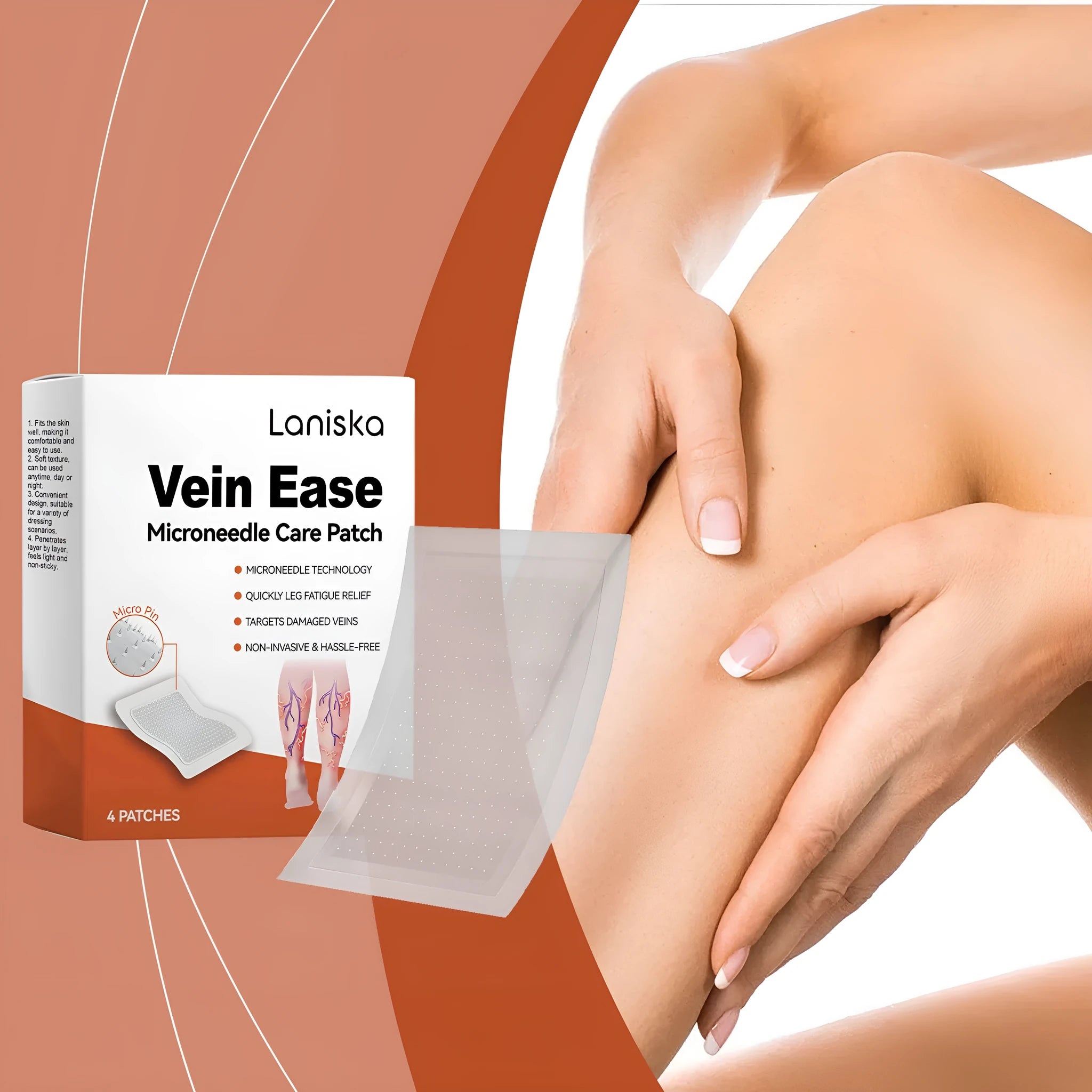 Four adhesive leg nursing bandage patches in a pack for moisturising care and discomfort relief.