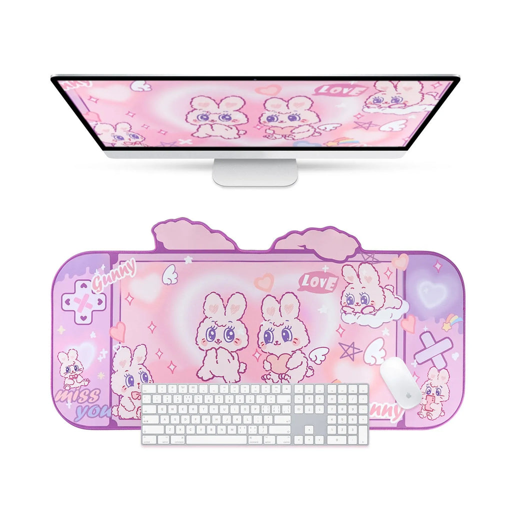 Fluffy rabbit oversized mouse pad 73x40cm on desk with natural rubber base and thermal transfer print