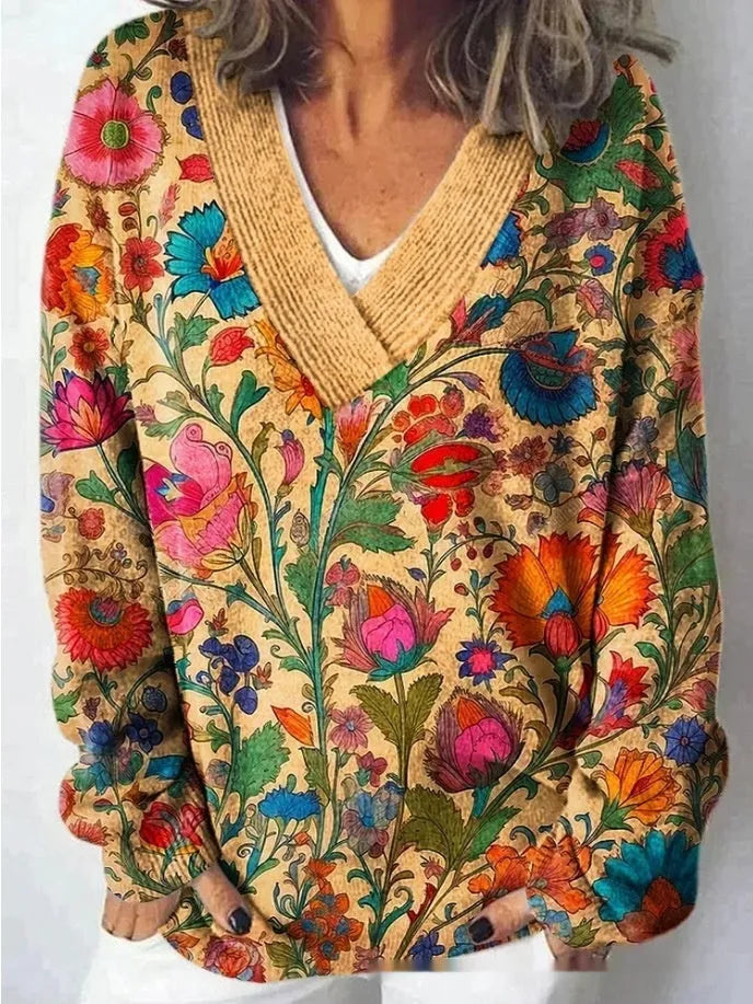 Women's floral pattern printed V-neck sweatshirt with 3D effect and long sleeves in colour E073