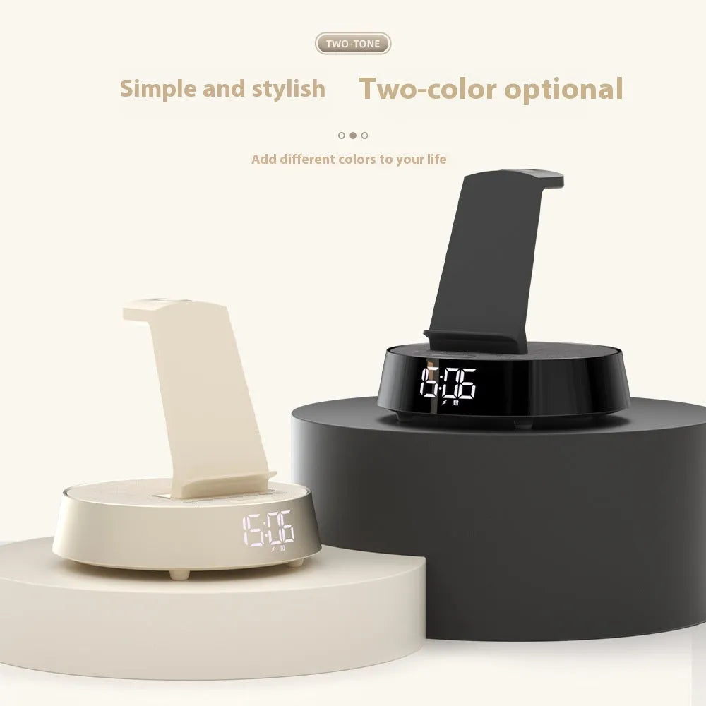 Wireless Bluetooth speaker clock alarm clock with wireless charger in beige, black, or light gray for home use