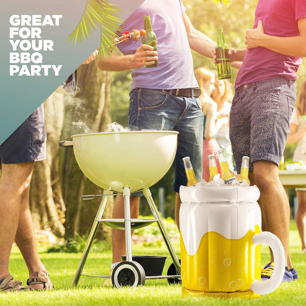 Large yellow inflatable beer mug cooler pool float with drinks, shown in a swimming pool.