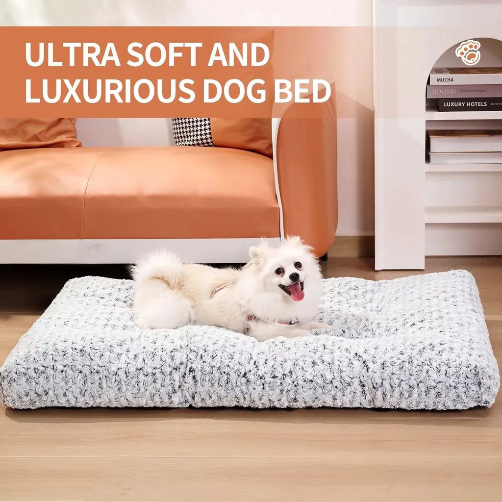 Washable plush dog bed mat in rose velvet with anti-slip bottom, available in sizes S to XXL