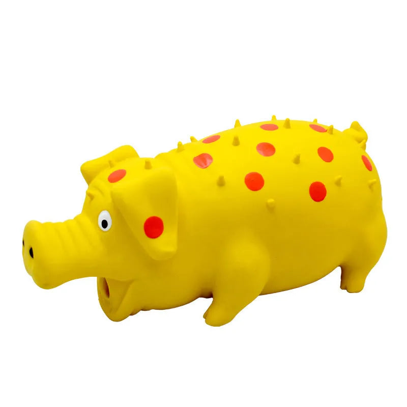 Pig-shaped latex dog chew toy with textured surface and squeaker in various colours