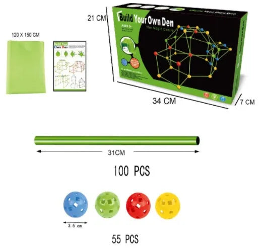 Luminous plastic fort building kit for kids with glowing sticks, balls, and fabric tent