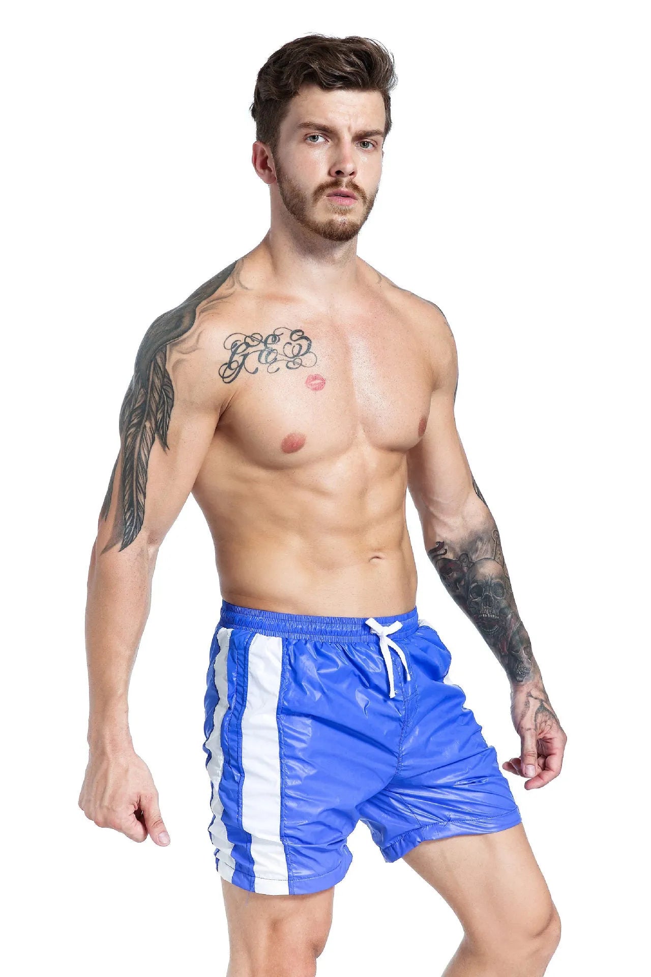Men's blue lace-up sport shorts with slim fit and padding on a white background.