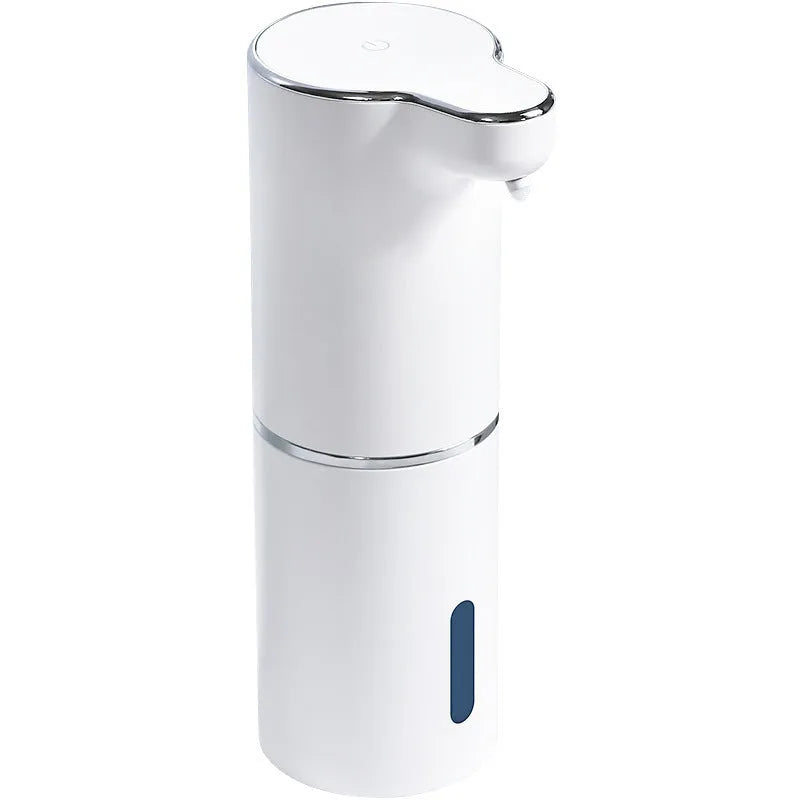 White automatic sensor soap dispenser with ABS body and USB cable on countertop