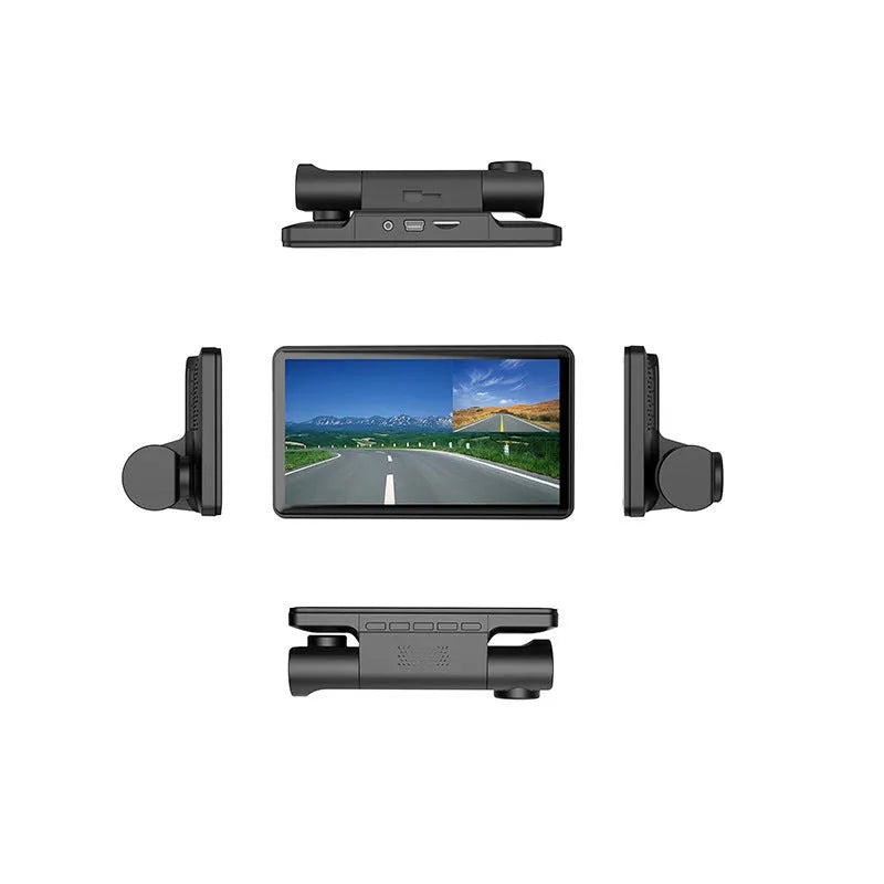 Black car dashcam with 4-inch touchscreen display showing dual camera view, mounted on a car windscreen.